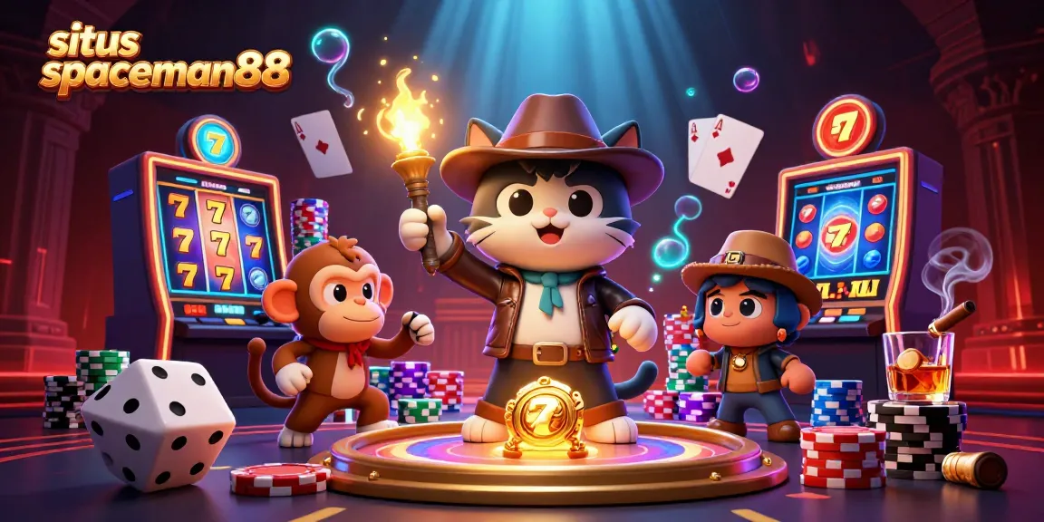 Engage with situs spaceman88's thrilling slot experience featuring a cartoon archaeologist and monkey in a vibrant casino.