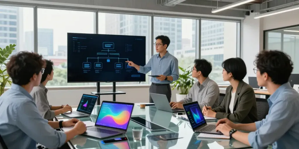 Team collaborating on azure cloud management services in modern office environment.