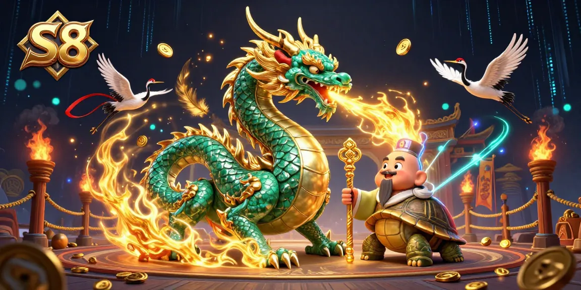 Engage in thrilling gaming with S8, featuring a vibrant dragon and turtles in a dynamic casino scene.