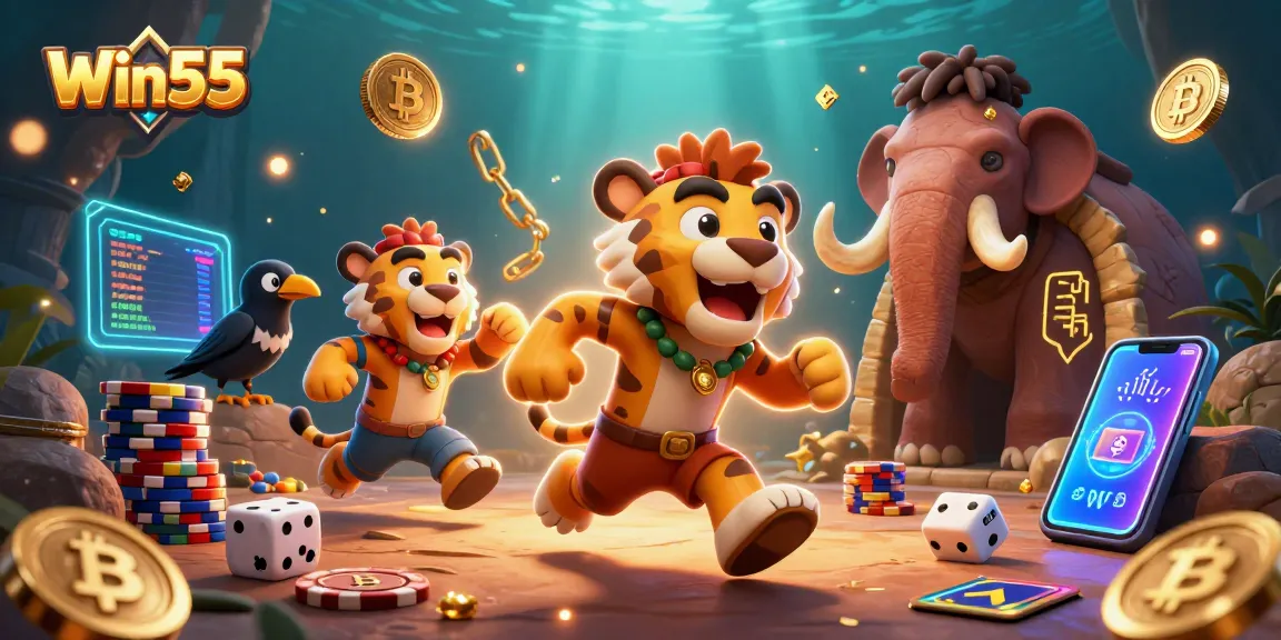 Engage with exciting slots at Win55, featuring neon coins, vibrant game elements, and a prehistoric casino atmosphere.