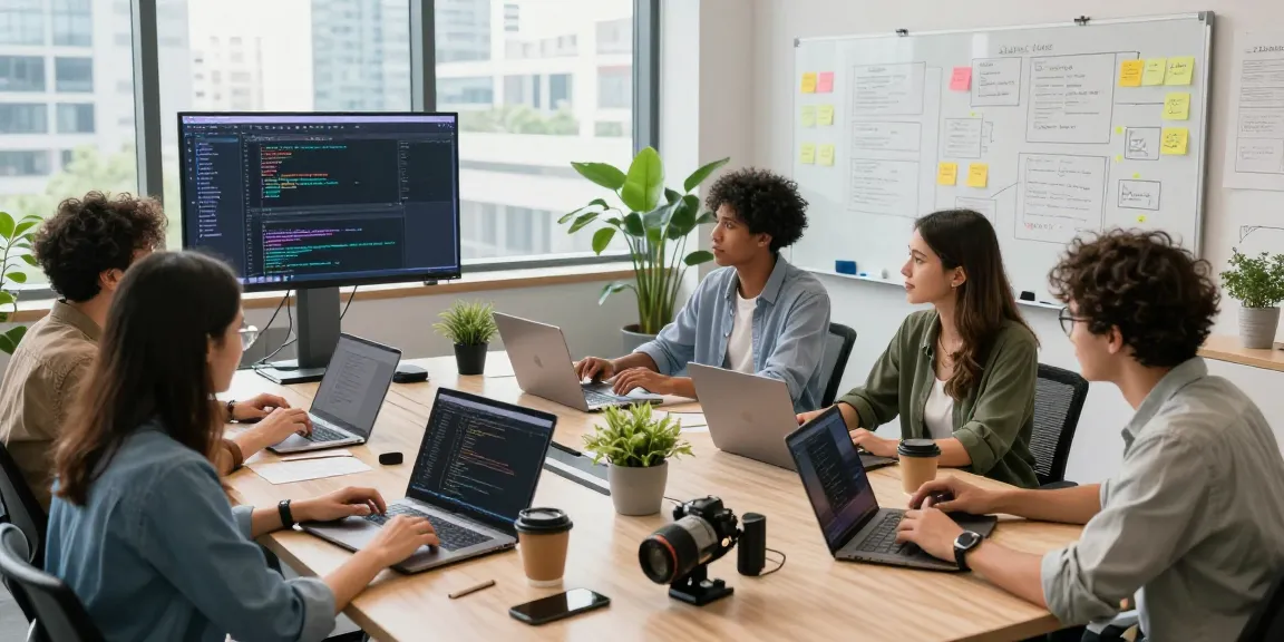 Collaborative web development workspace in Malaysia showcasing website development malaysia activities with team members and technology.