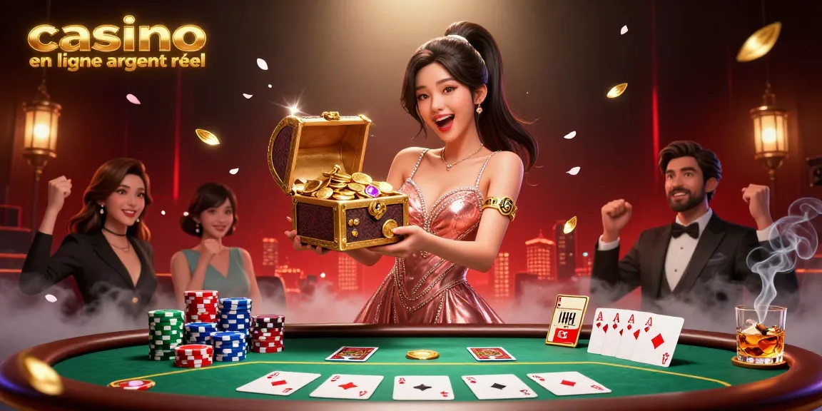Interagissez avec une illustration captivante mettant en avant une belle femme asiatique révélant des trésors, promouvant les casinos en ligne argent réel.
