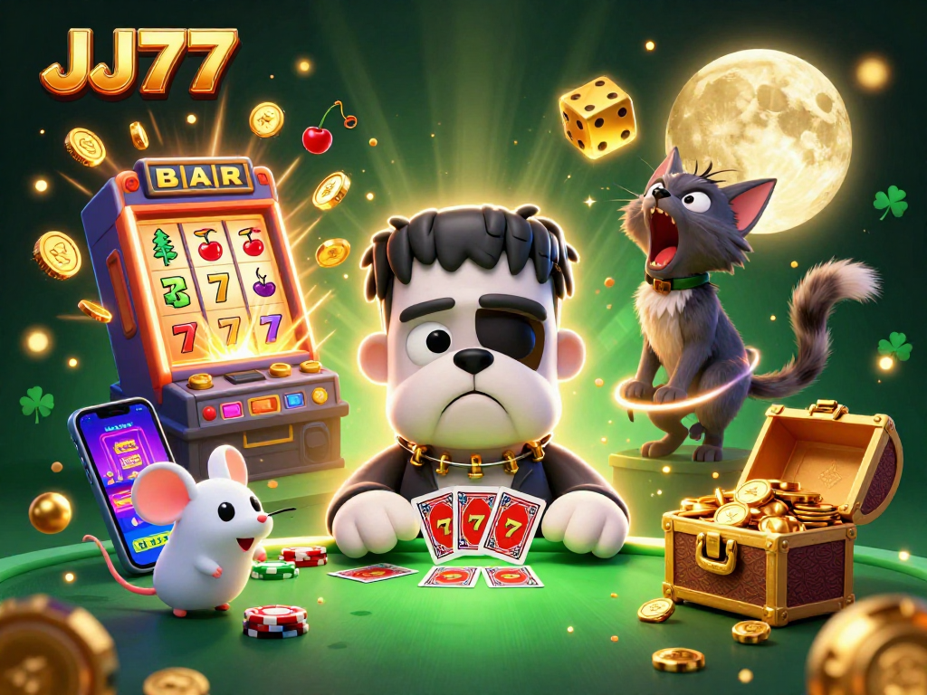 Play exciting casino games at JJ77 with a lively scene of characters and vibrant elements.