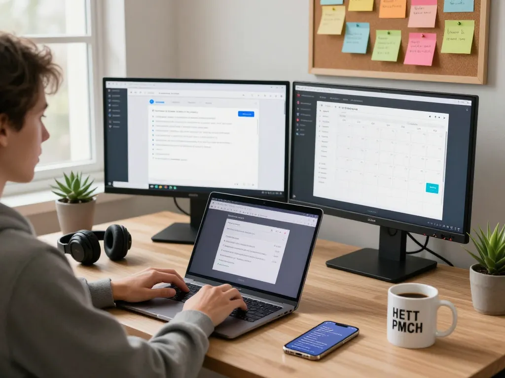 Person using ClawdBot AI assistant in a bright home office with dual monitors and natural light.