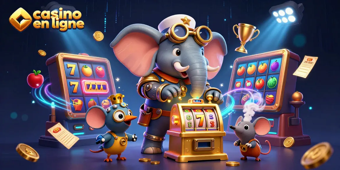 Accédez aux jeux de casino en ligne avec des machines à sous scintillantes et un éléphant steampunk.