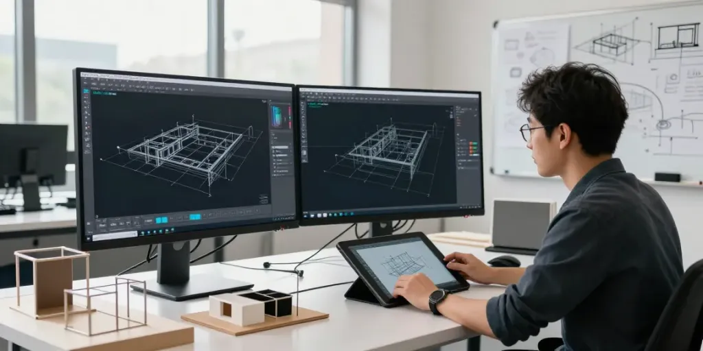 3D modelling in an architectural studio with designer at workstation
