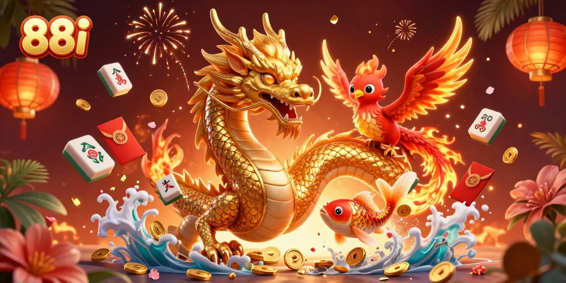 Engage in thrilling gameplay with 88i featuring a golden dragon, phoenix, and koi fish in a rich casino environment.