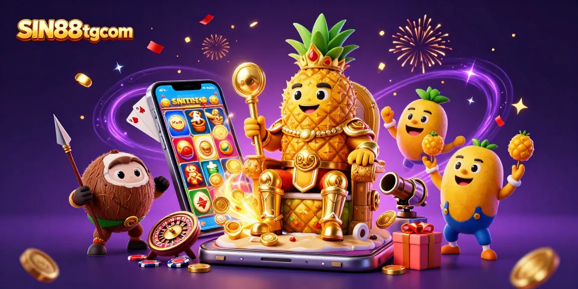 SIN88tgcom illustrates a vibrant casino scene with a pineapple king and gaming elements for excitement.