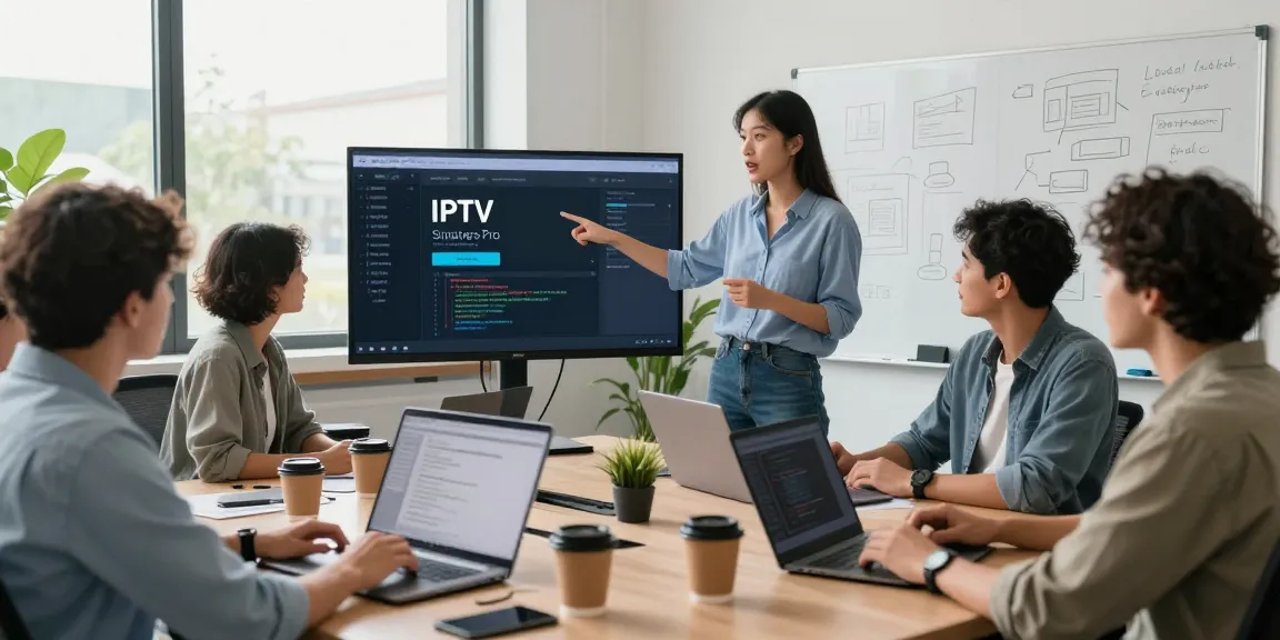 Das Bild zeigt ein Team von Entwicklern, die an der IPTV Smarters Pro Software in einem modernen Büro zusammenarbeiten.