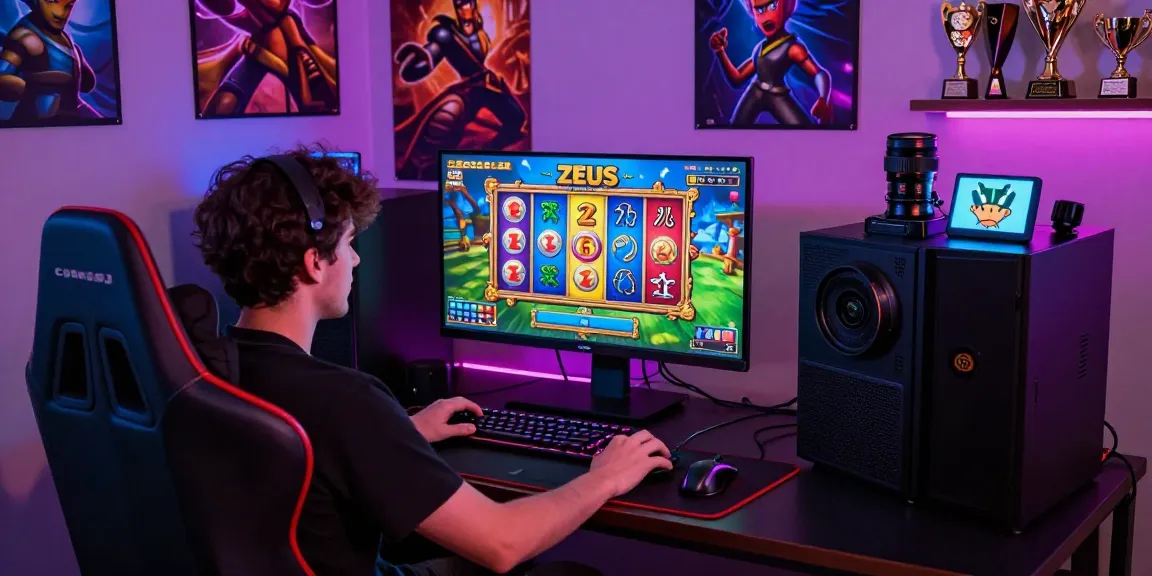 Engaged player enjoying a game of slot zeus in a colorful gaming setup.