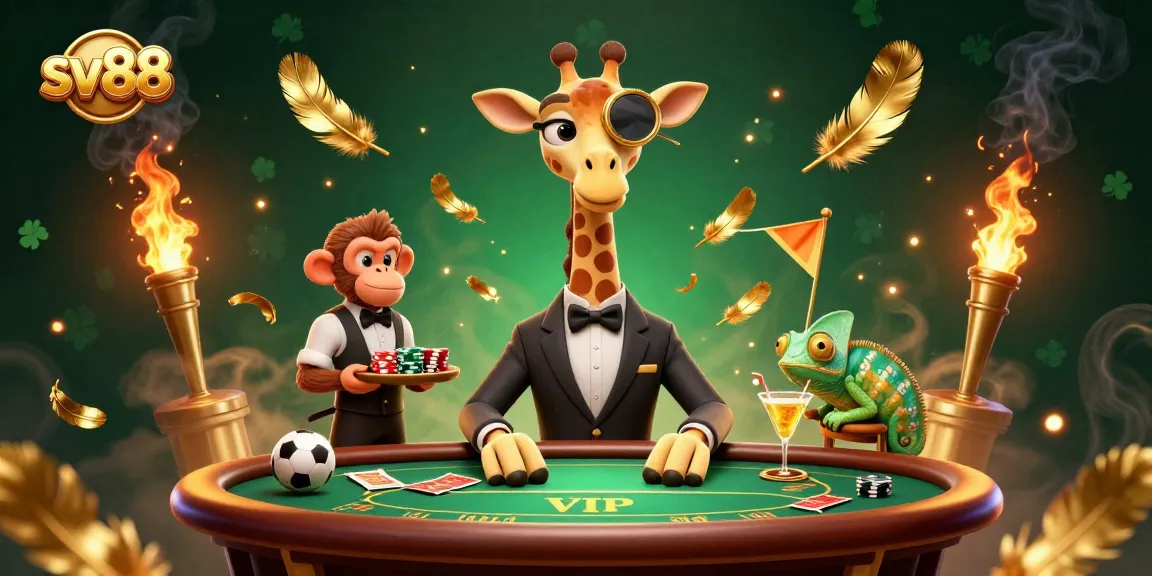 Bet on sv88 with excitement as a giraffe in a suit plays poker, a monkey valet and chameleon bartender nearby.