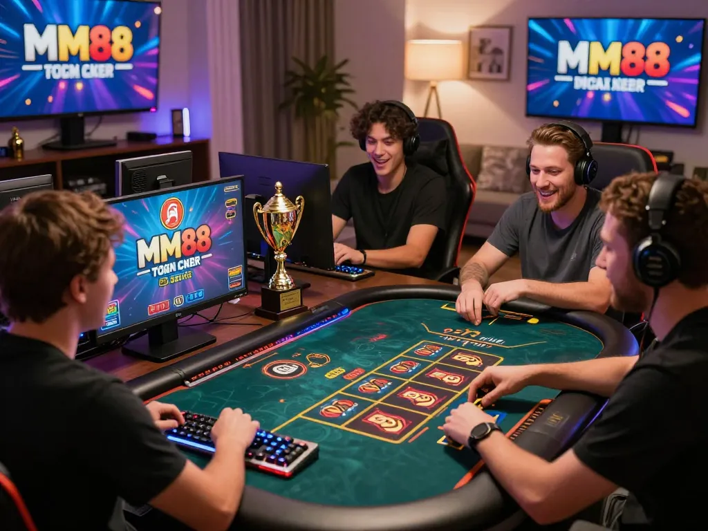Players enjoying an engaging MM88 online casino experience with vibrant graphics and warm ambiance.