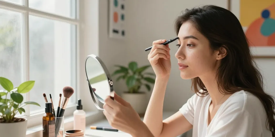 Younger woman applying a brow pen in a bright bathroom, focusing on beauty routine.