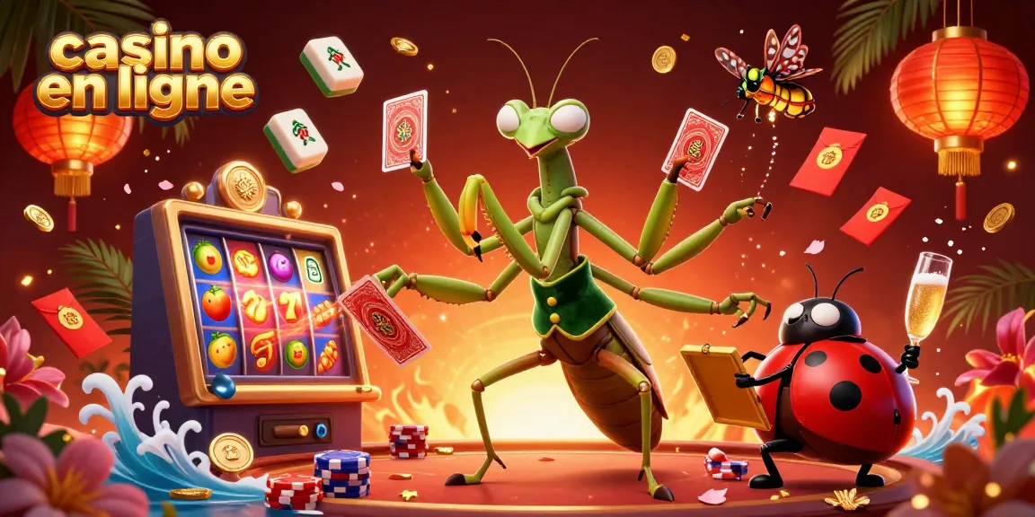 Jouer dans un casino en ligne avec des personnages colorés entourés de symboles de jackpot et de lanternes chinoises.