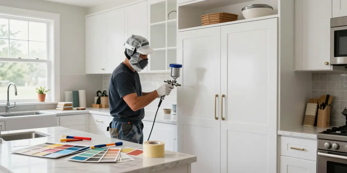 Cabinet painting Nashville: Professional painter applying premium finish in bright kitchen, showcasing meticulous craftsmanship and modern decor.