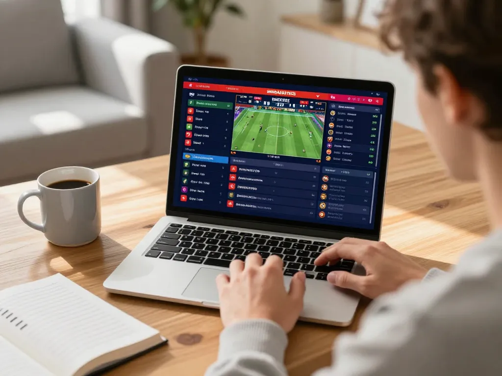 Engaging in sports betting on a laptop at home, showcasing the excitement of https://va88.ceo/ online gaming.