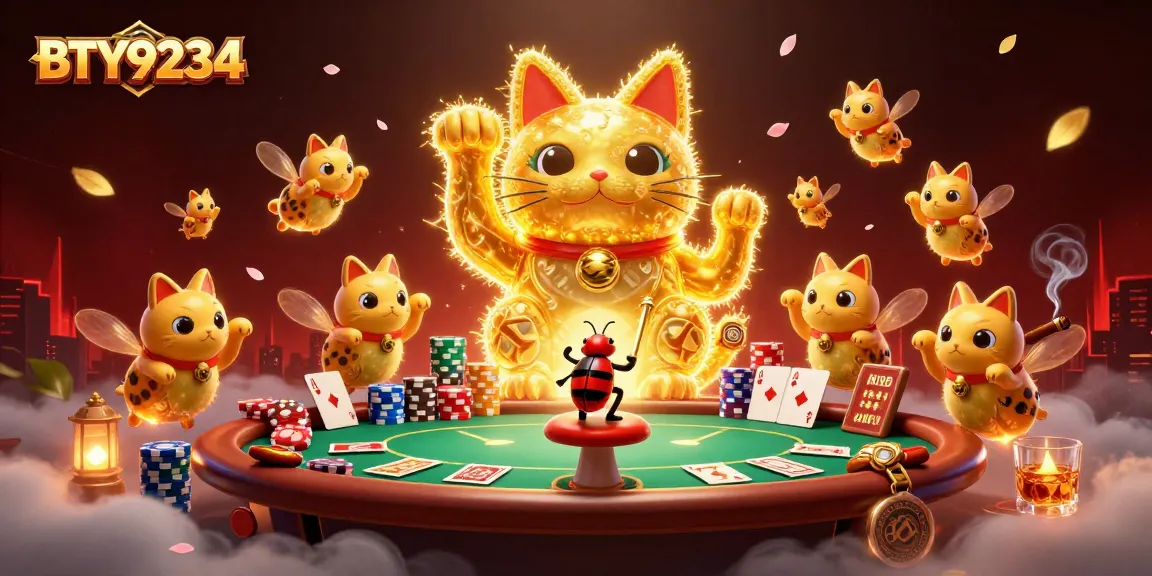 BTY9234 showcases a vibrant 3D scene of a lucky cat amidst casino elements, enhancing gaming thrills.