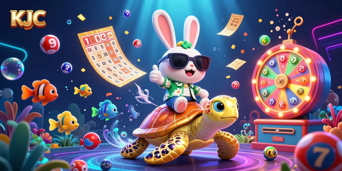 KJC showcases a vibrant scene with a lucky rabbit and turtle celebrating casino wins amidst colorful lottery elements.