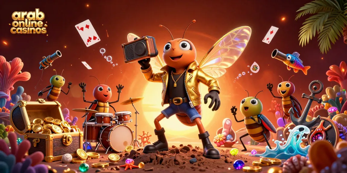 Experience the excitement of arab online casinos with a lively scene featuring a rock star cicada and vibrant game elements.