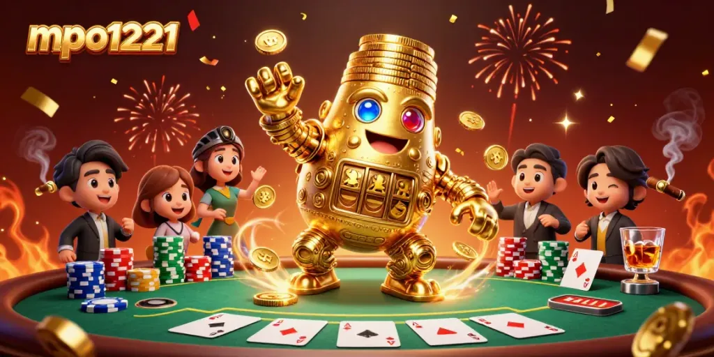 Spin the reels with mpo1221's golden golem among vibrant casino treasures.