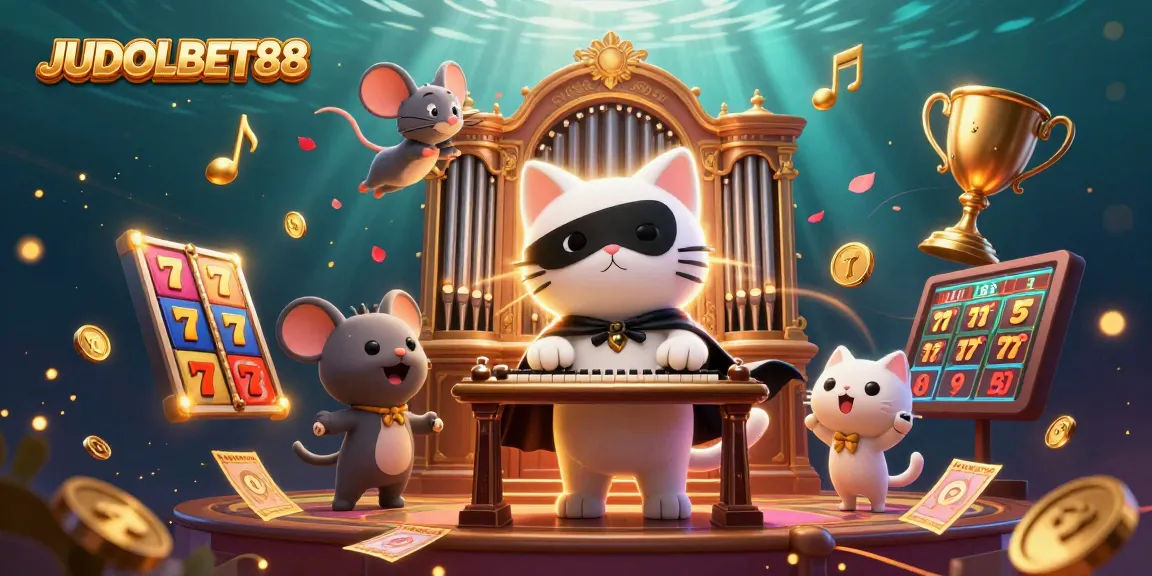 Play slots at JUDOLBET88 with a cat and mouse in an ornate casino setting filled with golden elements.