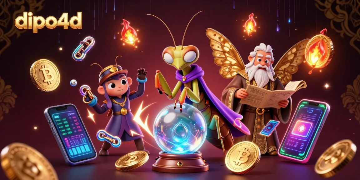 Play with dipo4d's mystical fortune teller and crypto elements in a vibrant casino scene.
