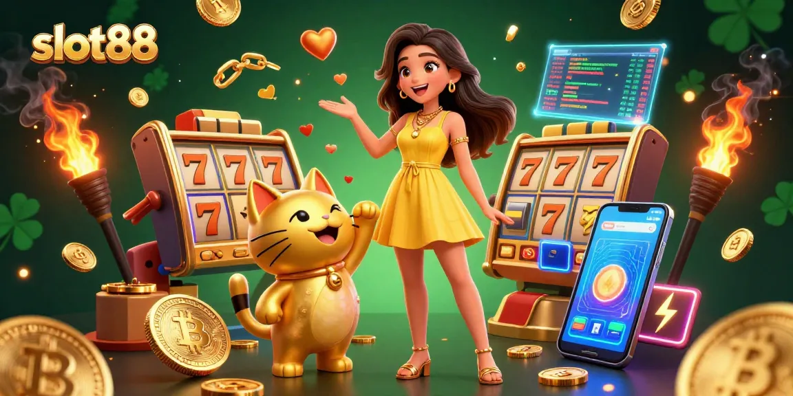 Engage with slot88's vibrant 3D illustration featuring a joyful Asian woman and a lucky cat amidst casino symbols.