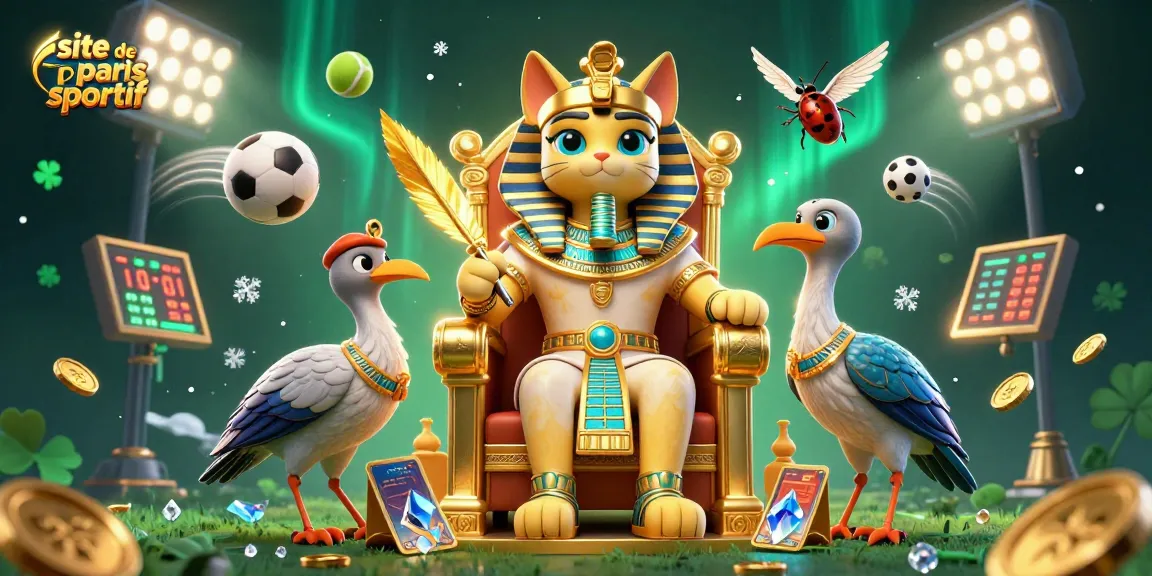Vivez l'excitation du site de paris sportif avec notre illustration d'un pharaon félin entouré d'éléments sportifs dynamiques.