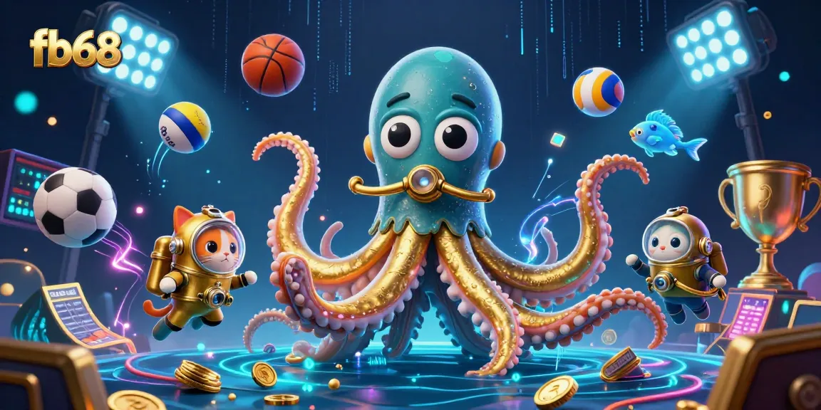 Bet on fb68 with a thrilling kraken and diving cat amidst a vibrant ocean of gaming excitement.