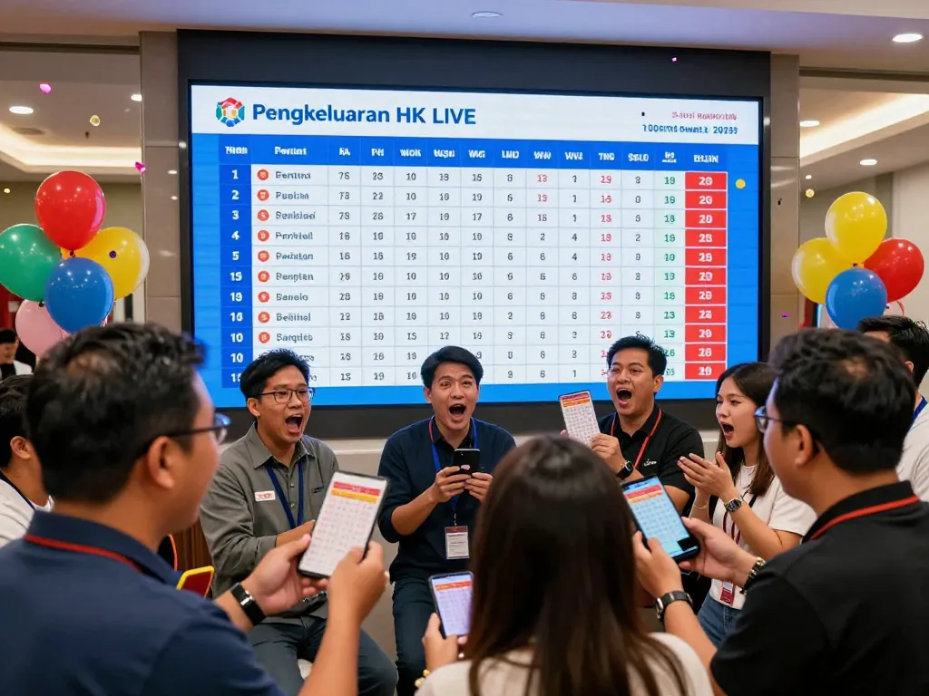 Excited crowd watching Pengeluaran HK live draw results on big screen celebrating lottery announcements.