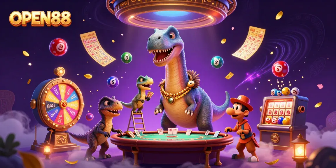 Engage with the vibrant OPEN88 casino scene featuring a playful brontosaurus and clever raptor in action.