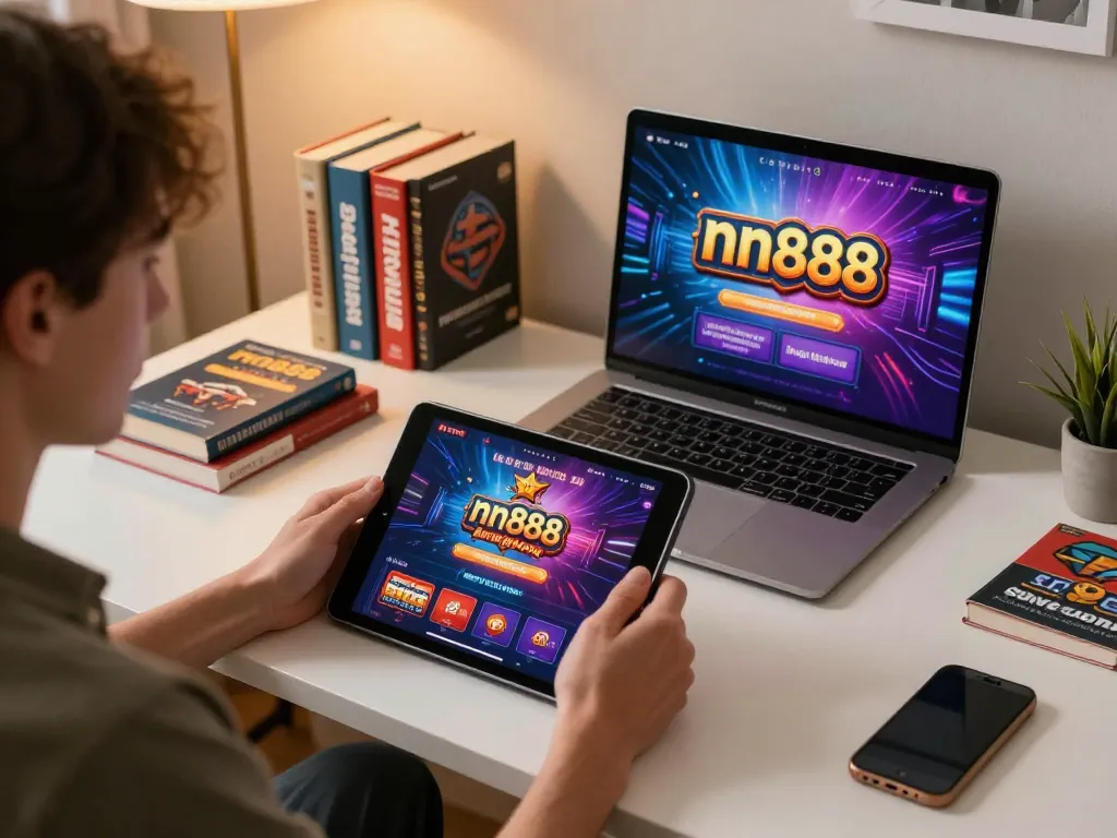 Player engaging with nn888 online casino on a tablet, showcasing a modern home gaming setup.