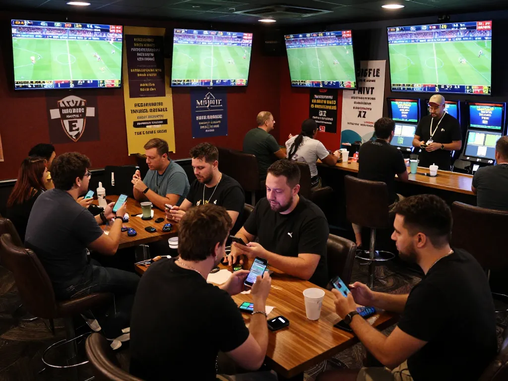 Excited sports betting enthusiasts placing wagers at Tylekeonhacai88.