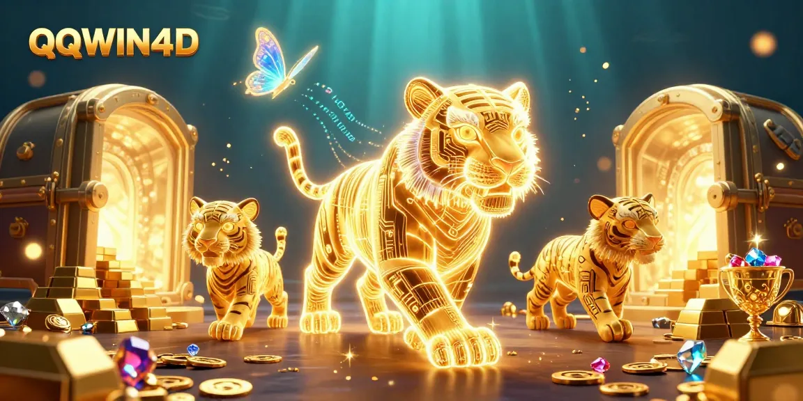 Menangkan dengan QQWIN4D di kasino digital dengan karakter harimau bercahaya dan elemen permainan yang menakjubkan.