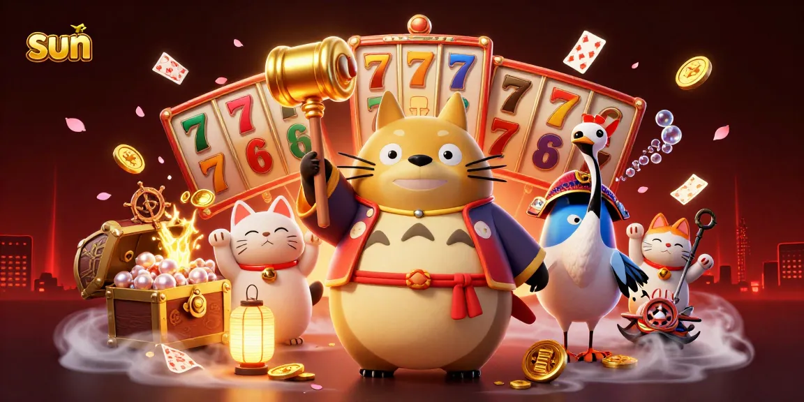 Spin the sun-themed slot reels in an energetic scene featuring cheerful tanuki and lucky cats.