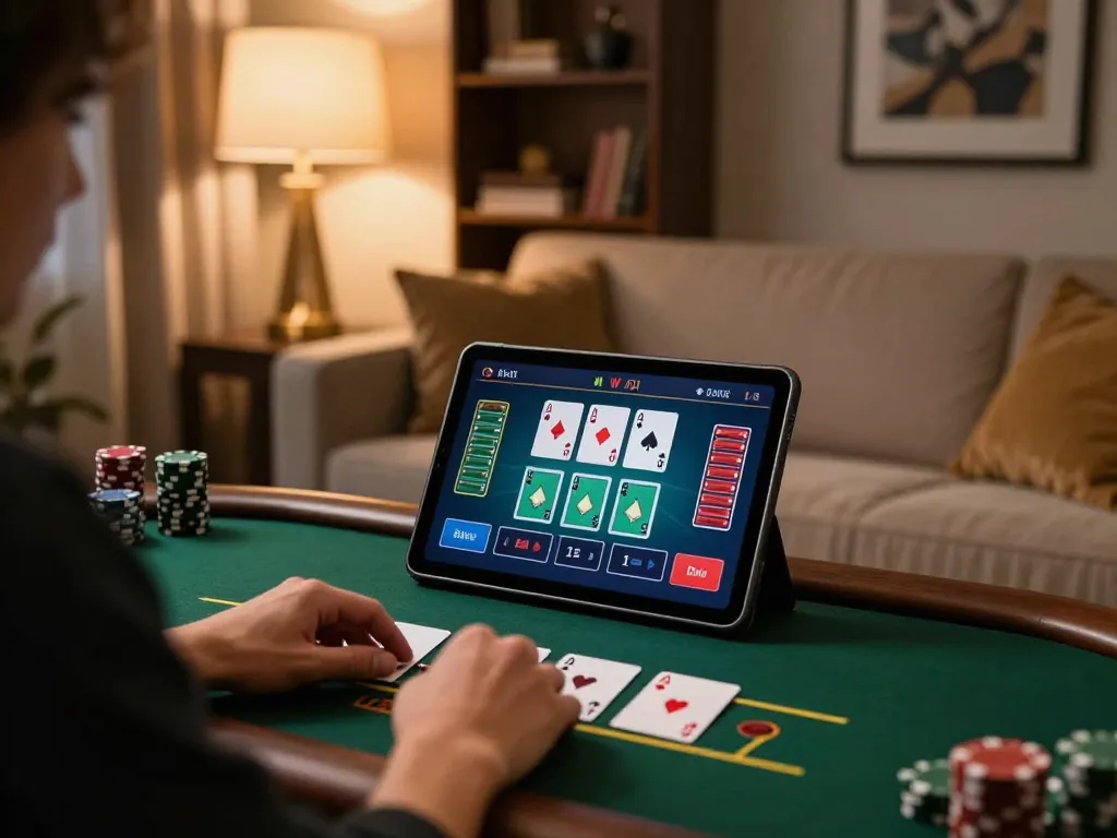 Player enjoying live dealer blackjack on a tablet, highlighting 3win's online gaming experience.