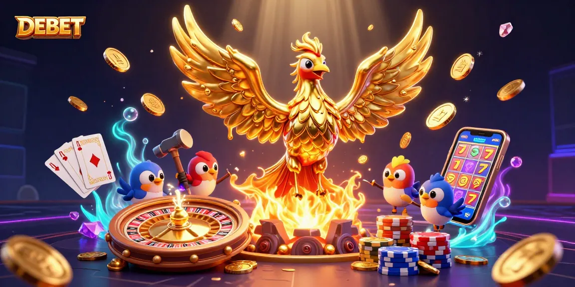 Experience DEBET thrills with a golden phoenix and lavish casino elements in a vibrant 3D digital illustration.