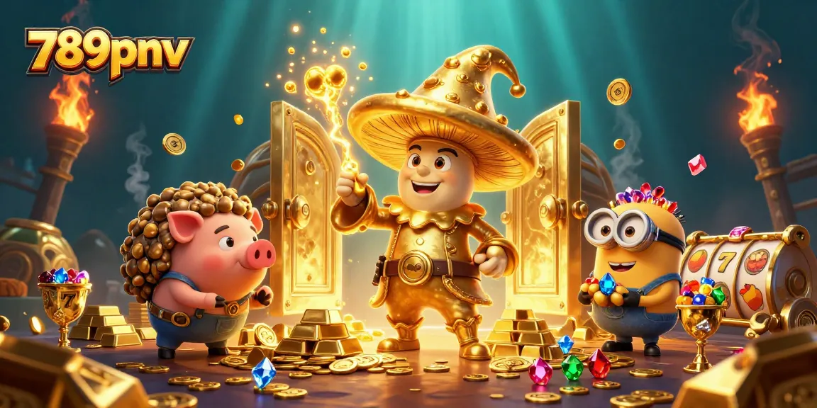 Experience the excitement at 789pnv with magical treasure and jackpot elements in this vibrant illustration.