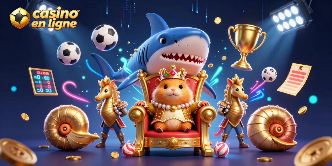 Jeu de casino en ligne illustré avec un roi hamster doré et des gardes hippocampes sur un trône moderne.