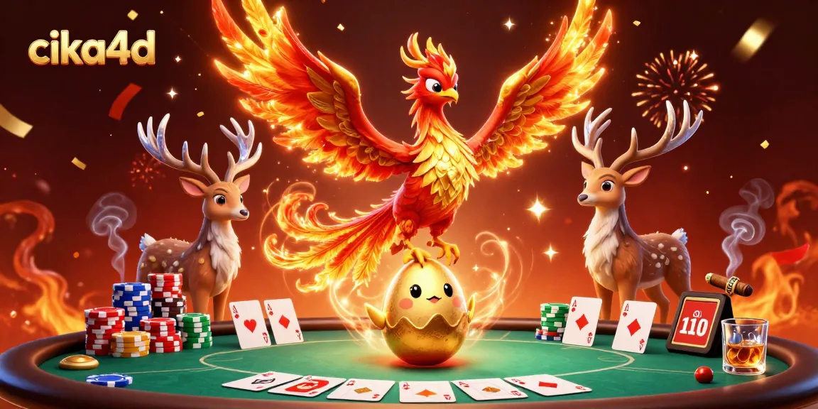 Spin with cika4d as a fiery phoenix and baby rise over a casino scene, showcasing poker excitement.