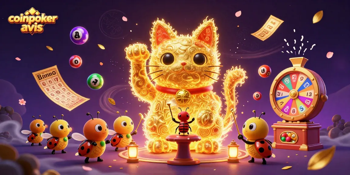 CoinPoker avis : découvrez l'expérience de jeu avec un chat porte-bonheur et des éléments de casino vibrants.