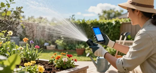 Smart sprinkler system in action, homeowner managing garden irrigation effortlessly.