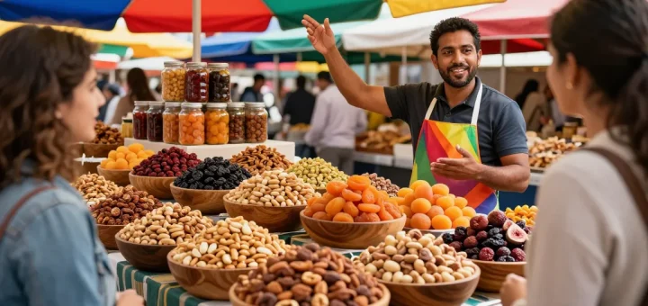 Fresh mixed nuts and dried fruits at market showcasing M98 ฝาก-ถอน options naturally, vibrant colors, vendor interactions.