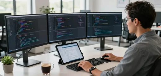 Software engineer reviewing code in a modern workspace, showcasing bdtjl and a collaborative environment.