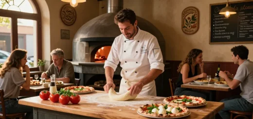 Chef creating pg soft pizza dough in a cozy pizzeria kitchen.