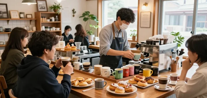 Patrons enjoying coffee and pastries at 상봉동 한국관, showcasing a warm and inviting café atmosphere.