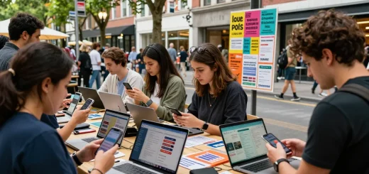 People engaging with bedpersonal in a colorful urban classifieds marketplace, showcasing vibrant community connections.
