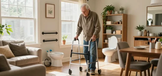 Man using handicap supplies in a sunlit living room for mobility support.