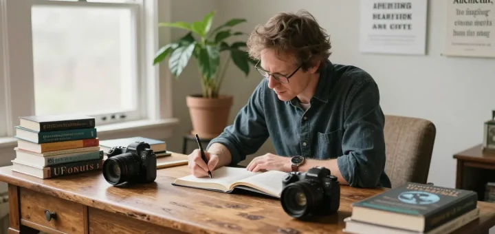 Writing scene at https://tallengreenfield.com with T Allen Greenfield surrounded by books on UFOs and spirituality, warm inviting atmosphere.