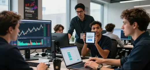 Traders discussing the Hyperliquid referral code (8000USDT) in a modern finance office, surrounded by cryptocurrency charts.